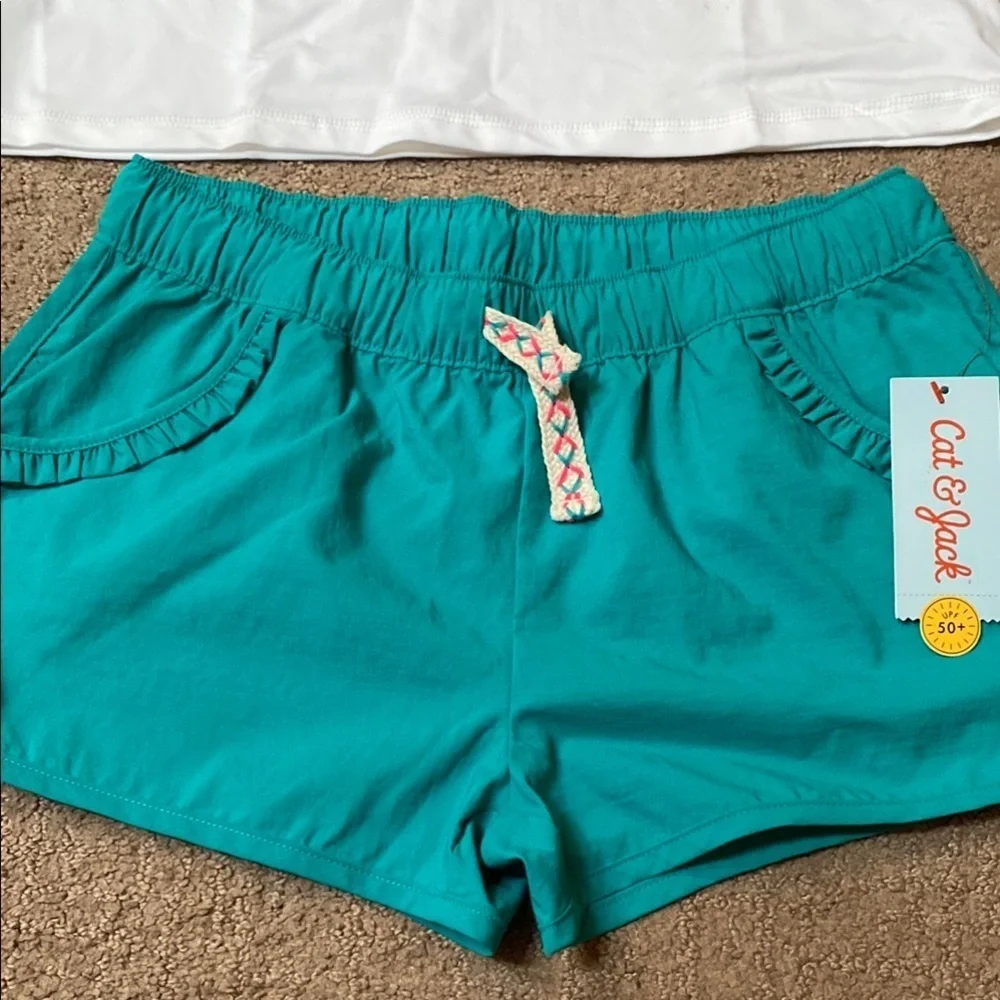 Girl’s White & Floral Top & Teal Shorts Set  7/8Plus UPF 50+ NWT Summer Beach